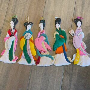 5 vintage Asian ladies hand painted silk ornaments "silk dolls" 6" tall